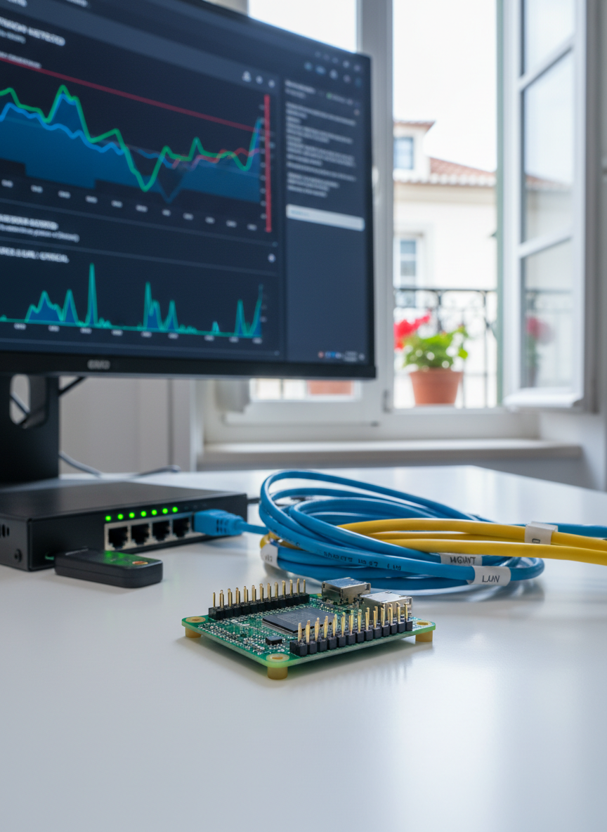 A sleek, compact Raspberry Pi board arranged at the center of a clean white desk, surrounded by neatly organized cybersecurity gear: a small network switch, labeled Ethernet cables, and a hardware security key. On a nearby high-resolution monitor, a blurred but clearly technical security dashboard glows with graphs and alerts, hinting at intrusion detection. Soft, cool daylight from a Lisbon-style balcony window washes over the scene, creating crisp reflections on the circuit board’s green surface and metallic connectors. Photographic realism, shot at eye level with a shallow depth of field, emphasizing the Pi in sharp focus while the background falls into a gentle bokeh, conveying a calm, professional, analytical mood.