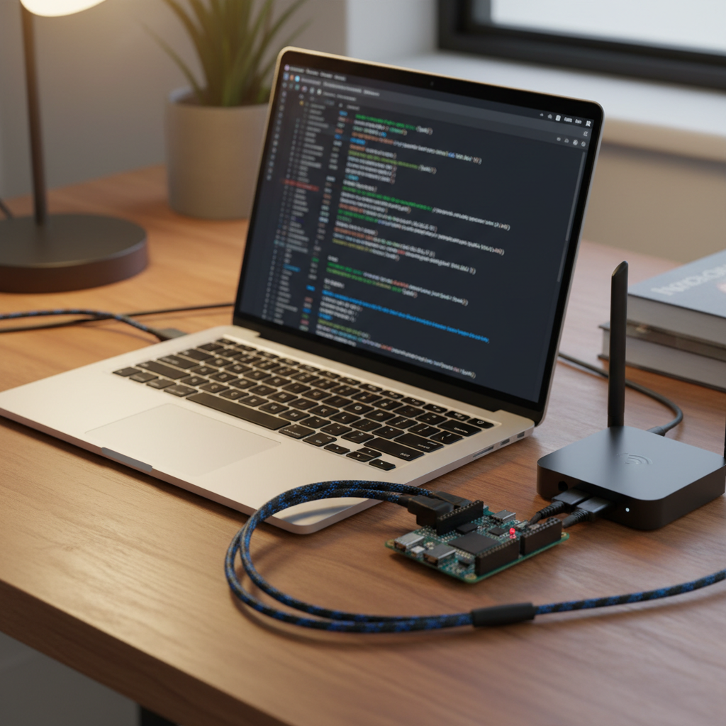 A slim laptop open on a wooden table, its screen displaying a dark-themed terminal running an Ansible playbook that configures hardened servers, with colorful syntax highlighting slightly out of focus to avoid readable text. Next to the laptop, a Raspberry Pi with a tiny blinking LED is connected via braided cables to a compact router. Evening indoor lighting from a warm desk lamp casts soft golden reflections on the laptop’s metallic chassis and creates mild shadows along the cable runs. Photographic realism from a three-quarter elevated angle, with a clean, modern composition and a focused, methodical atmosphere suited for a cybersecurity automation blog post.